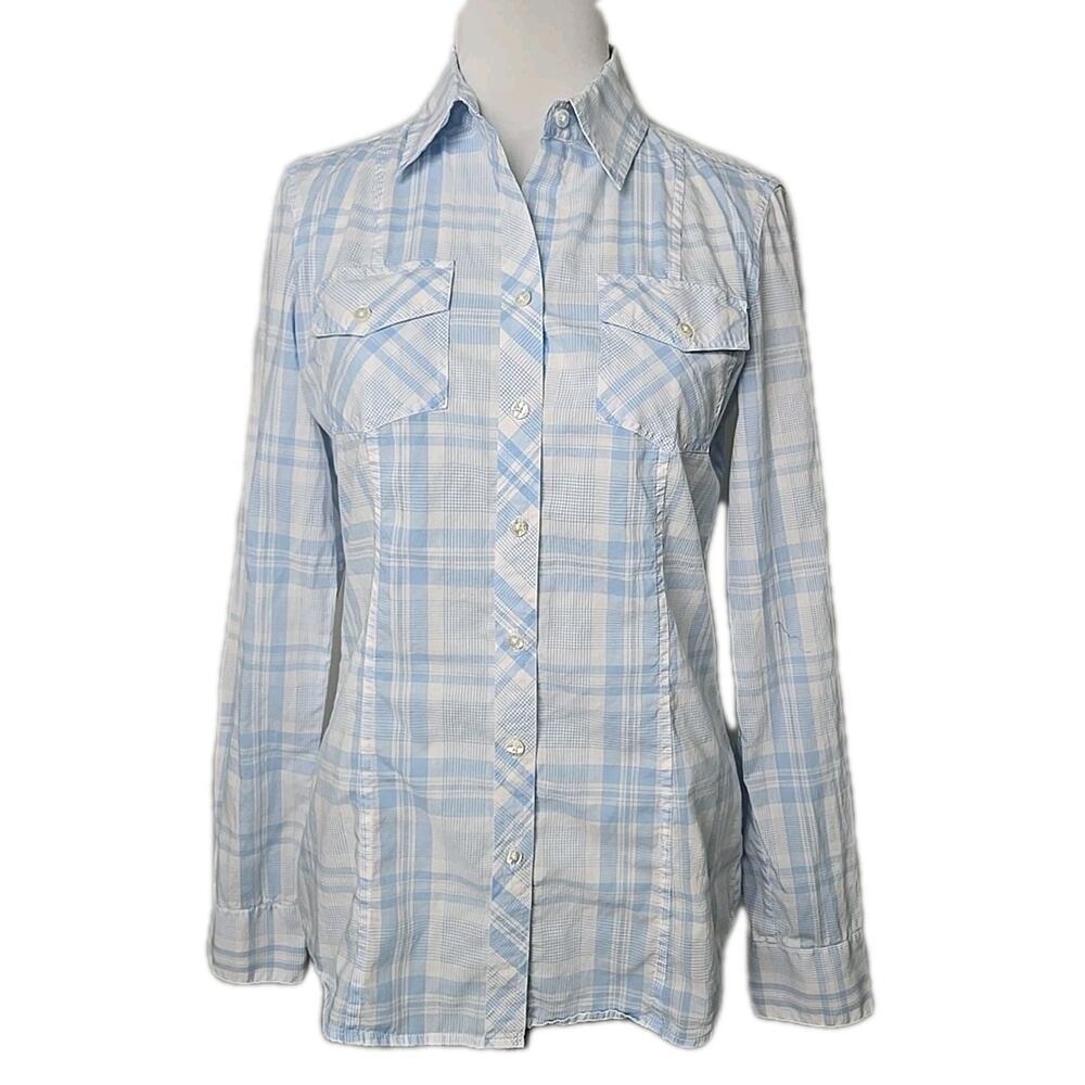Banana Republic Blue White Plaid Cotton Button Up Top‎ Women's Size Small S